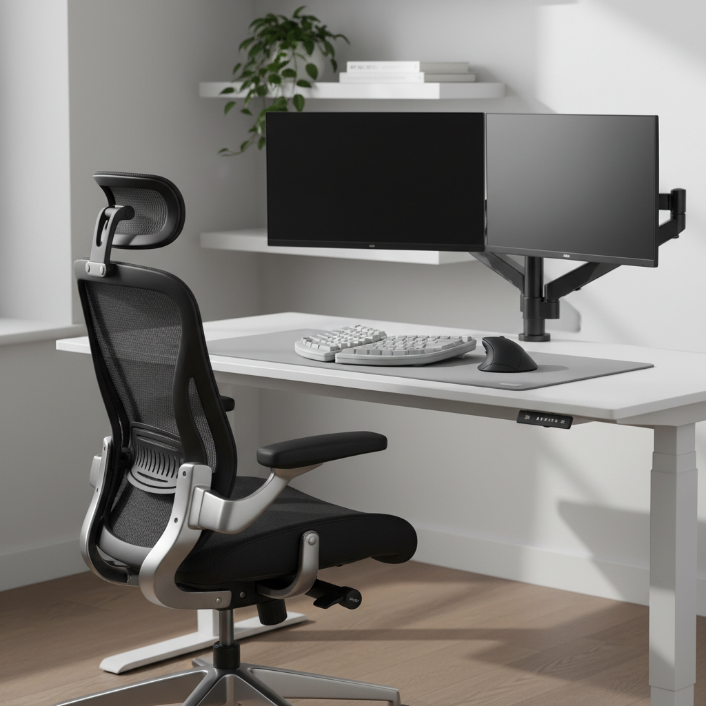A clean, modern home office setup featuring a high-back ergonomic mesh chair with adjustable lumbar support and a matte white electric standing desk. The desk holds dual monitors on sleek black gas-spring monitor arms, a compact split ergonomic keyboard, and a vertical mouse on a soft gray wrist-supporting desk pad. Diffused daylight enters from an unseen window, creating gentle, natural reflections on the desk surface and subtle shadows under the chair. Shot at eye level with photographic realism and sharp focus, the background softly blurs to show minimalist shelving and a single leafy plant, conveying a calm, professional, and highly organized workspace focused on comfort and posture.