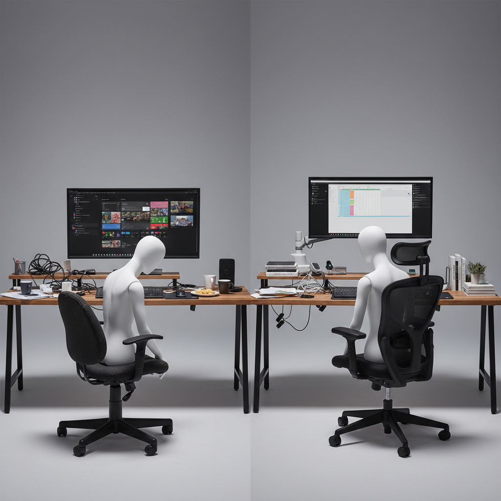 A focused side-by-side comparison scene of two nearly identical home office desks: on the left, a poorly arranged setup with a low chair, slouched mannequin torso, monitor placed too low, and cluttered accessories; on the right, a precisely optimized ergonomic arrangement with a supportive chair, neutral-spine mannequin torso, eye-level monitor on an adjustable arm, and neatly positioned keyboard and mouse. Soft studio lighting evenly illuminates both sides, emphasizing posture differences with clear, clean shadows. Photographic realism from a slightly elevated, wide-angle view captures both setups in one frame, with a neutral gray wall backdrop that keeps attention on the posture improvement contrast and professional, instructional mood.